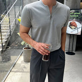 Hearujoy Mens Casual Zipper Short-Sleeved Tops Genderless 2024 Spring New Business Versatile Simple Solid Color Comfortable Tops Unisex